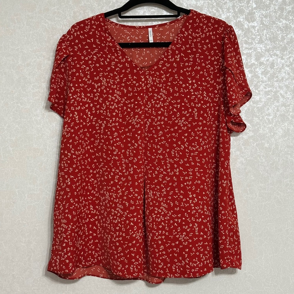 Anyally Ditsy Floral V-Neck Blouse Petal Sleeve Red 2XL